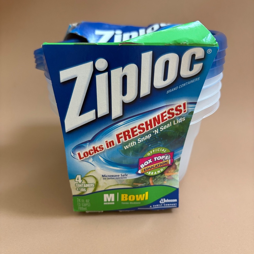 Ziploc Medium Bowl Food Storage Containers 4 Count 24oz Blue Snap Seal Lids New